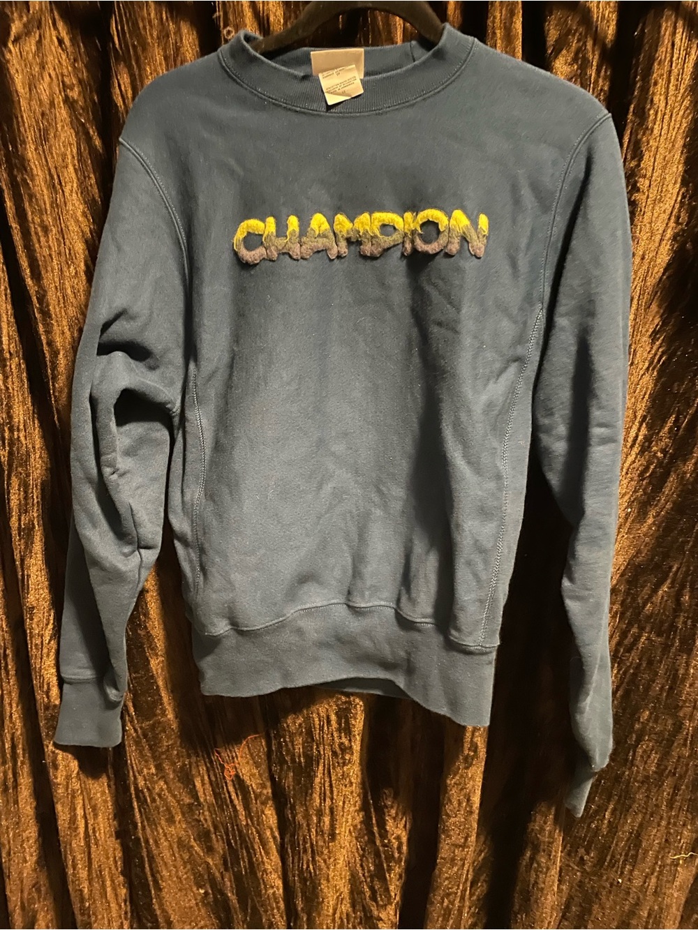 Champion Men's Crewneck Sweatshirt in Blue with Yellow Logo